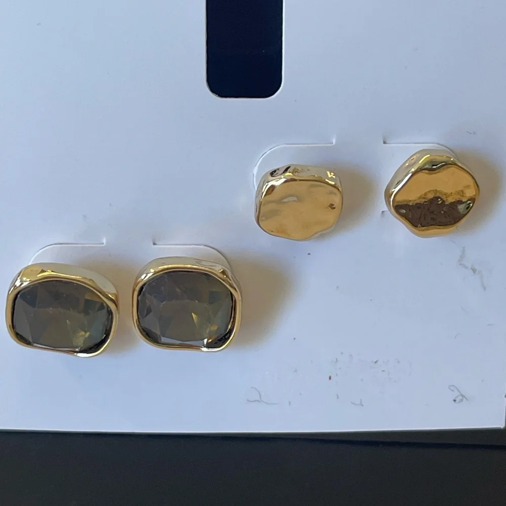 NEW Style & Co Two Piece Set Colored Stone Square Stud Earrings Brown & Gold